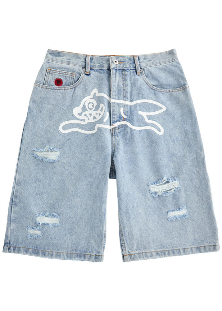 Ice Cream Running Dog Printed Denim Shorts - Light Blue Cover