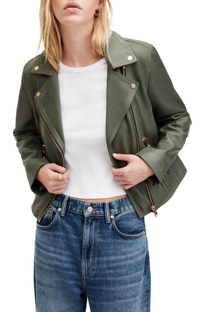 AllSaints Dalby Leather Moto Jacket in Deep Sage Green Cover