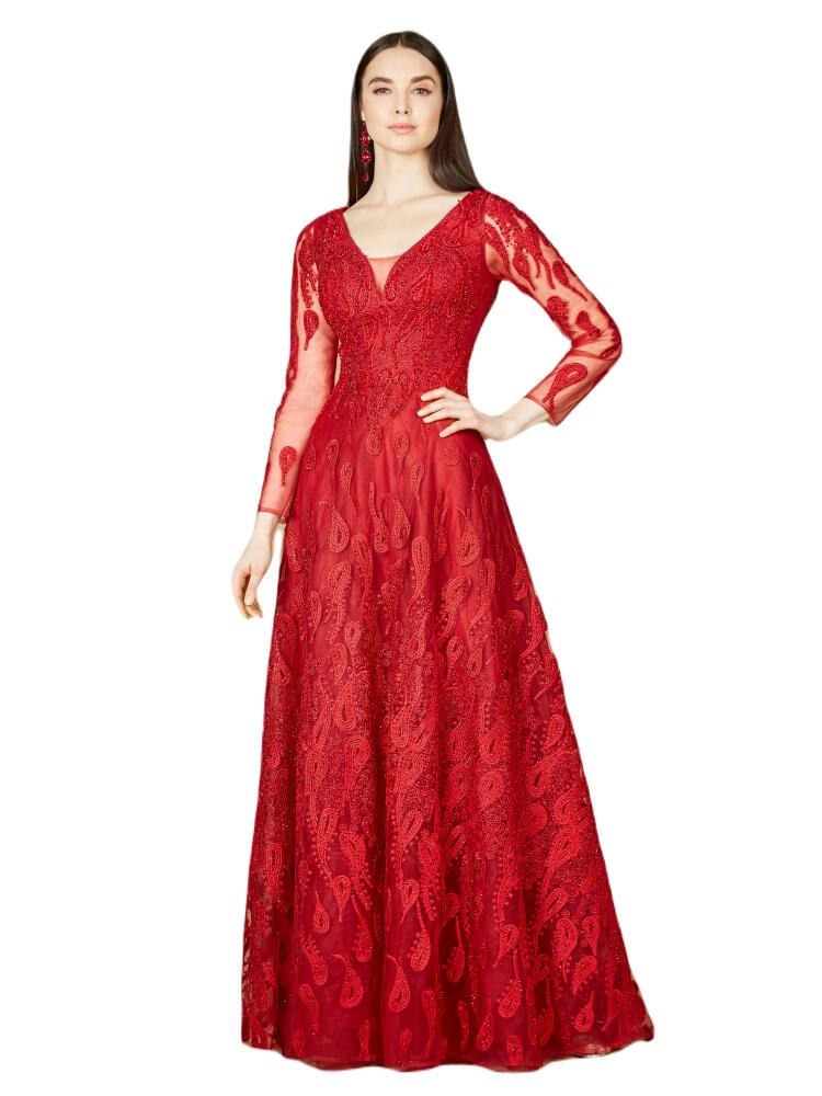 LARA New York Long Sleeve V-Neck Ballgown in Red Cover