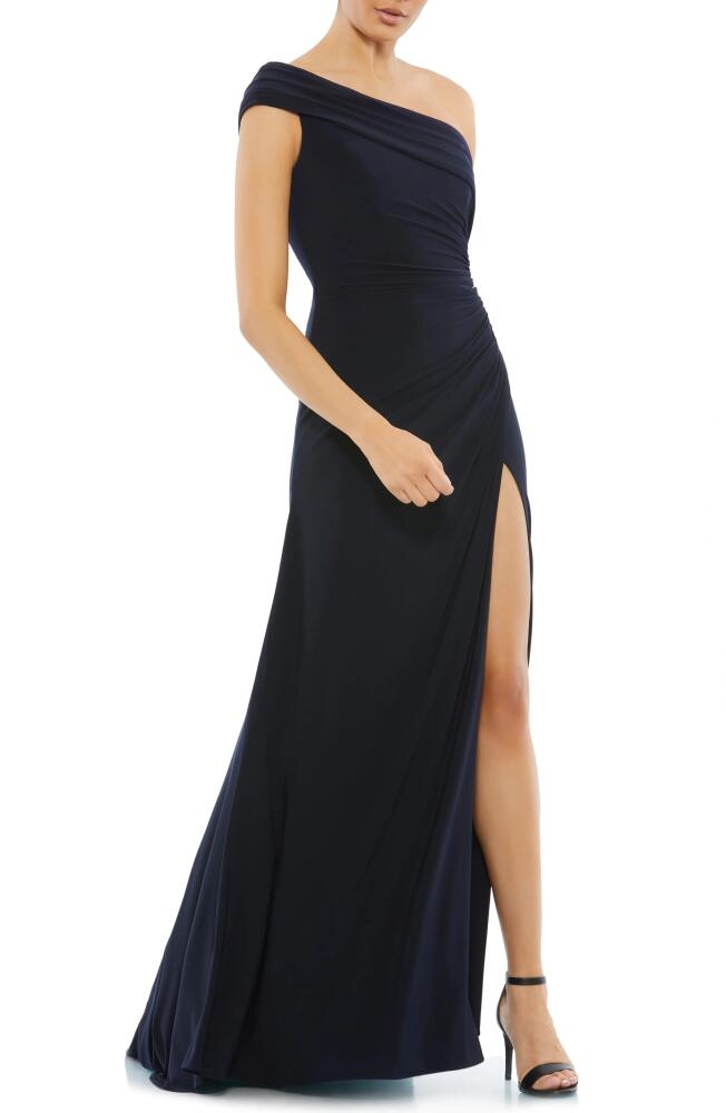 Ieena for Mac Duggal Ruched One-Shoulder Trumpet Gown in Navy Cover