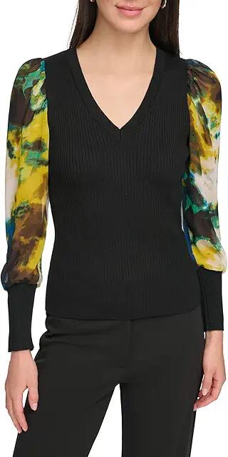 DKNY Long Sleeve V-Neck Chiffon Sleeve Sweater (Black/Citrine/Black Multi) Women's Clothing Cover