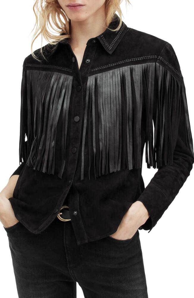 AllSaints Cleo Western Leather Fringe Suede Shirt Jacket in Black Cover