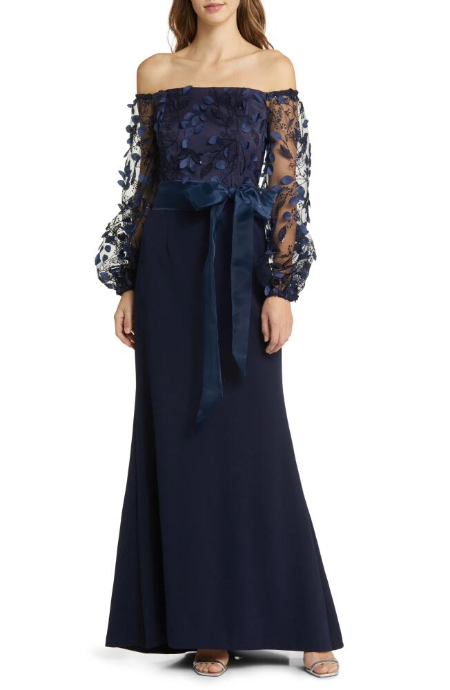 Eliza J Floating Petals Long Sleeve Off the Shoulder Gown in Navy Cover