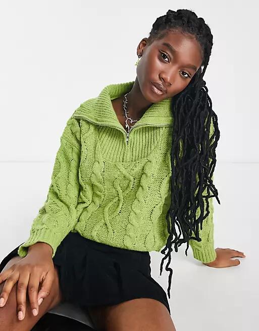 Daisy Street cable knit sweater with collar in green Cover