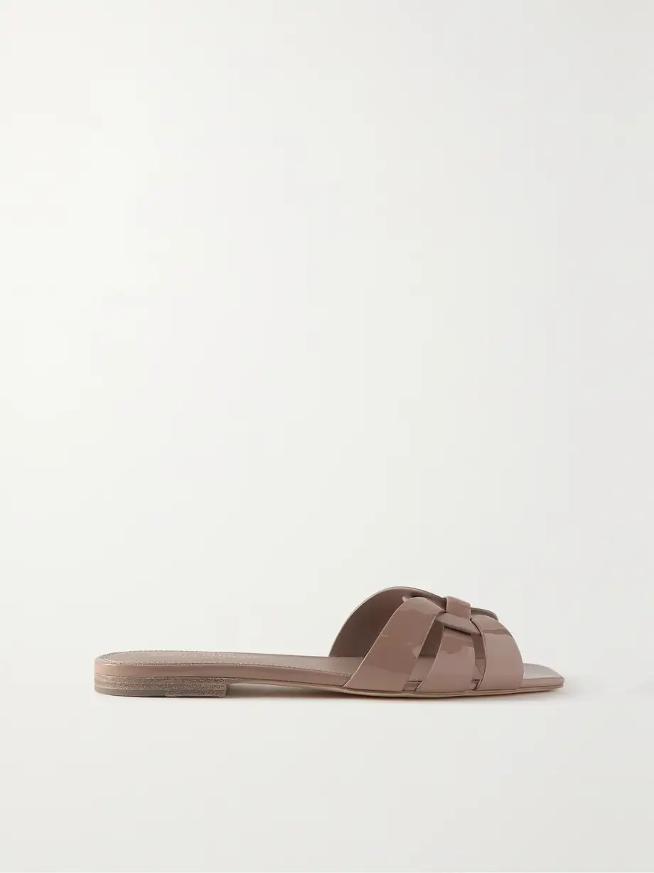 SAINT LAURENT - Nu Pieds Woven Patent-leather Slides - Neutrals Cover