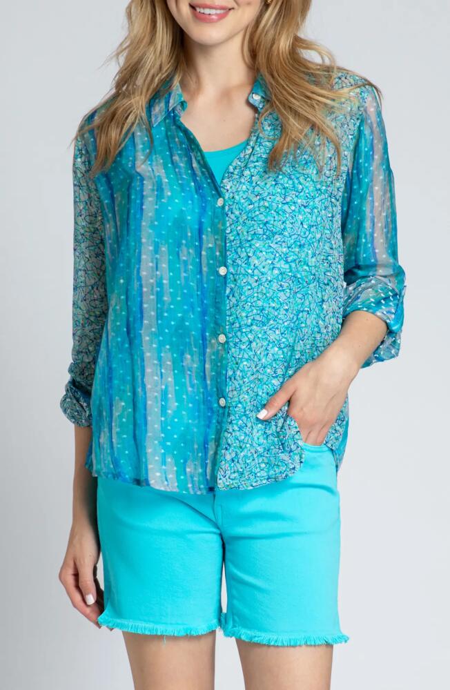 APNY Mixed Media Roll-Up Sleeve Chiffon Button-Up Shirt in Turquoise Cover