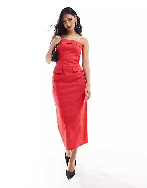 Kaiia linen mix tailored fold over bandeau pocket detail maxi dress in red Cover