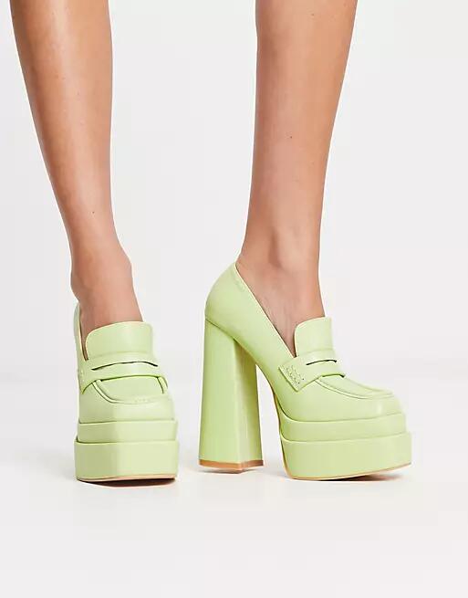 Daisy Street Exclusive double platform heeled loafers in lime-Green Cover