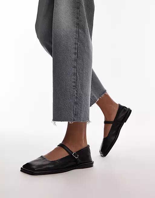 Topshop Betty leather square toe ballet flats in black Cover