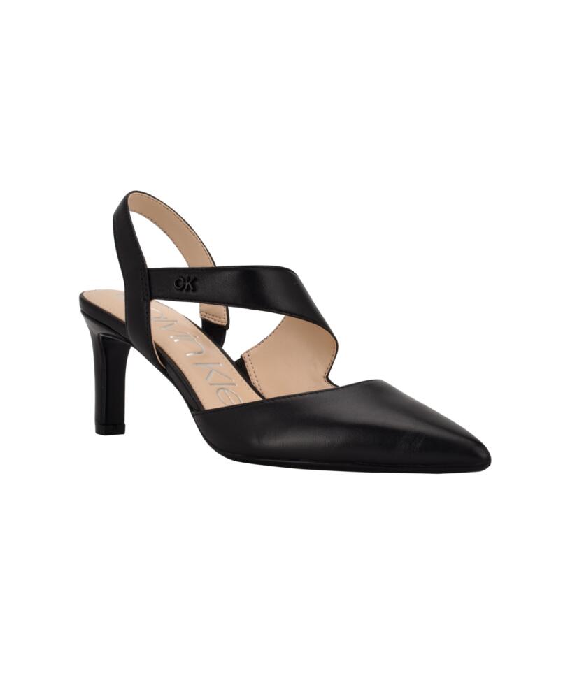 Calvin Klein Women's Larin Pointed Toe Slingback Asymmetrical Strap Pumps - Black Leather Cover