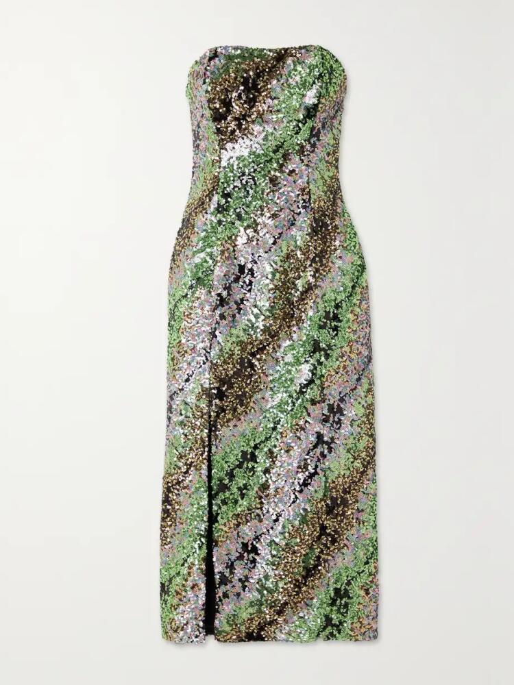 HALPERN - Strapless Striped Sequined Tulle Midi Dress - Green Cover