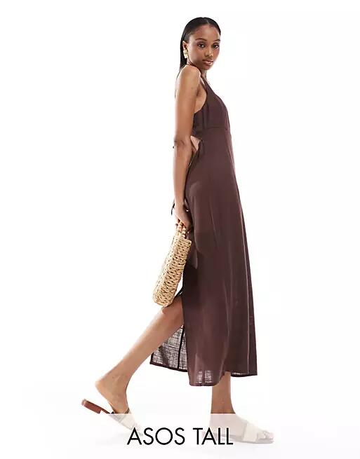 ASOS DESIGN Tall square neck tie back linen mix midi sundress in chocolate-Brown Cover