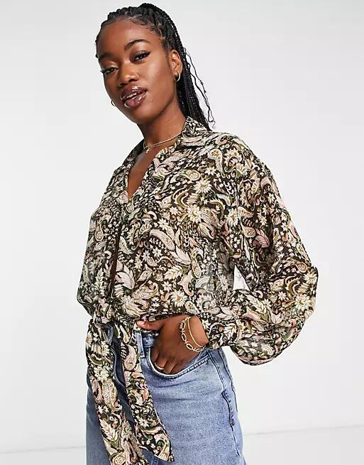 New Look paisley print tie front blouse in multi Cover