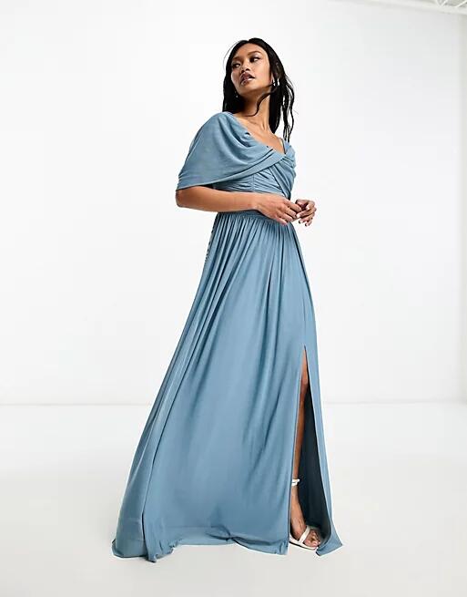 Little Mistress Bridesmaids bardot gathered maxi dress in mesh in blue Cover