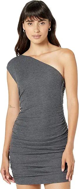 MONROW Sheer One Shoulder Shirred Dress (Faded Black) Women's Clothing Cover