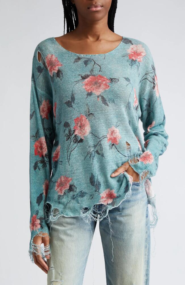 R13 Oversize Distressed Floral Boyfriend Sweater in Blue Floral Cover