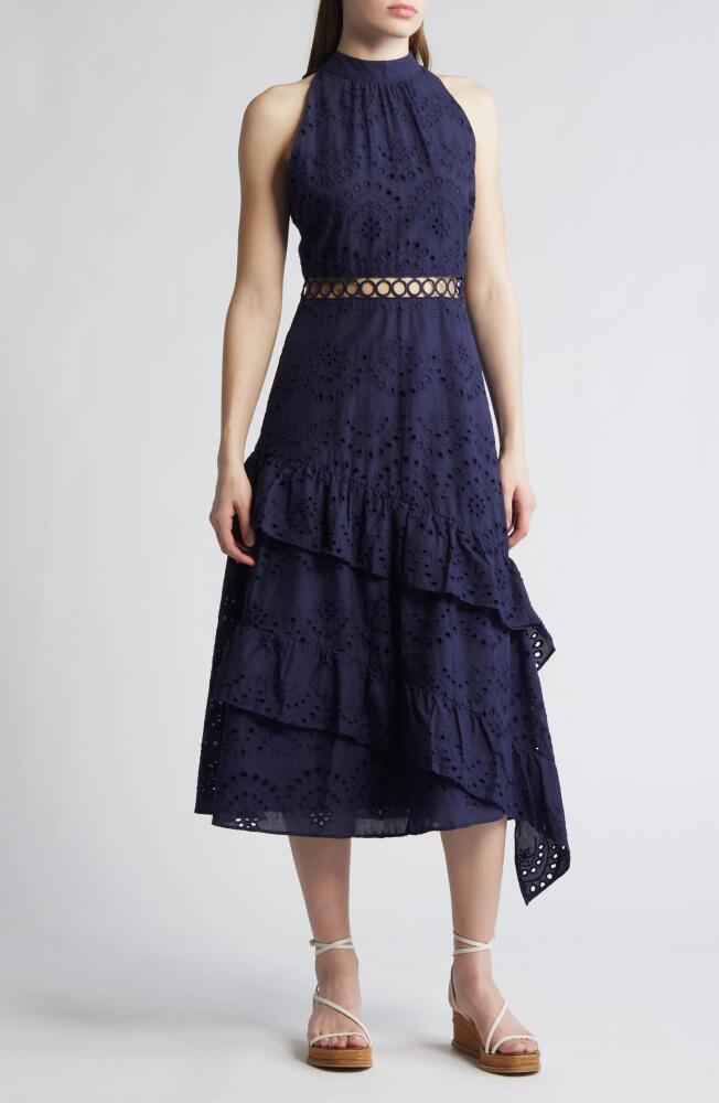 Sam Edelman Sleeveless Embroidered Eyelet Ruffle Dress in Navy Cover