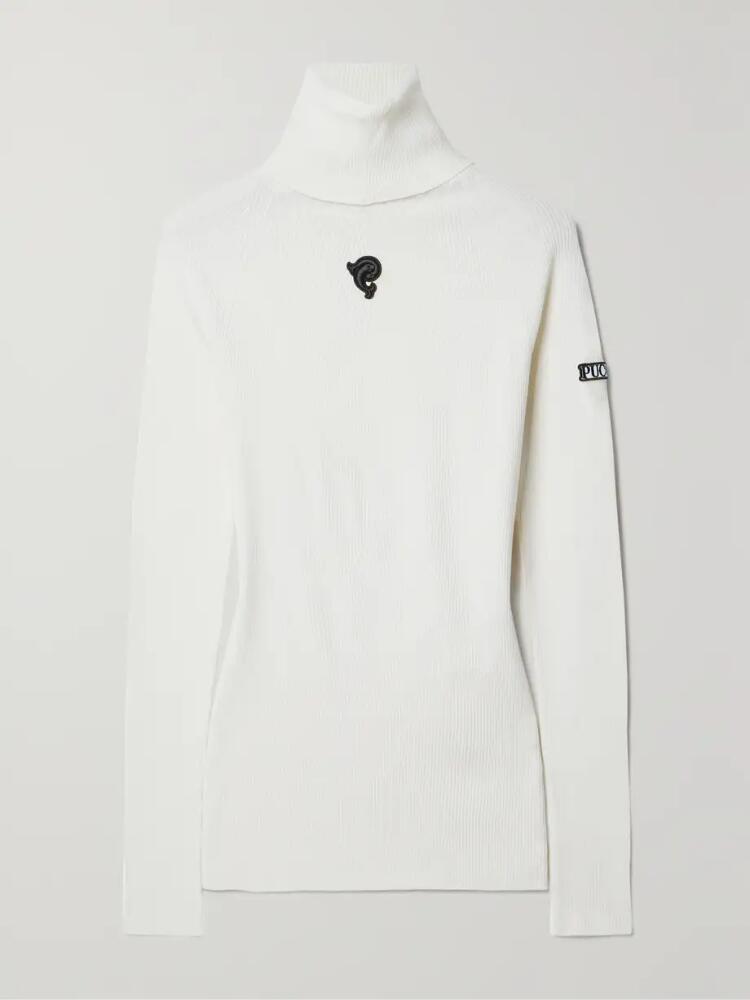 PUCCI - Appliquéd Ribbed Wool-blend Turtleneck Sweater - Off-white Cover