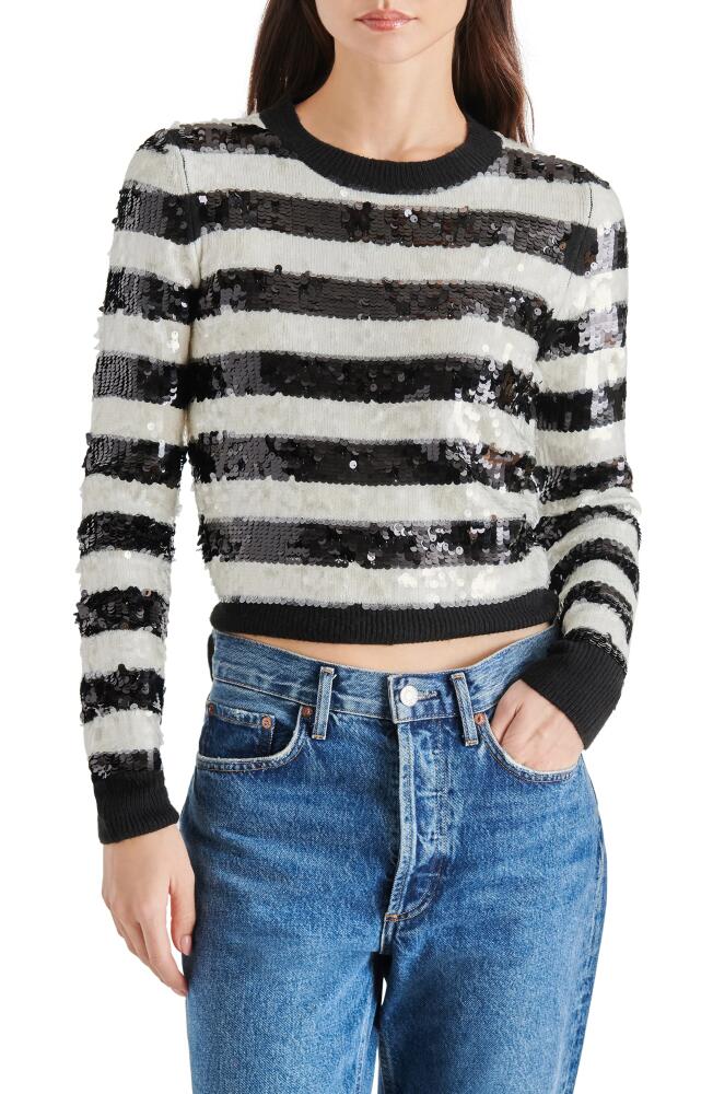 Steve Madden Elina Stripe Sequin Crop Sweater in Black/White Cover