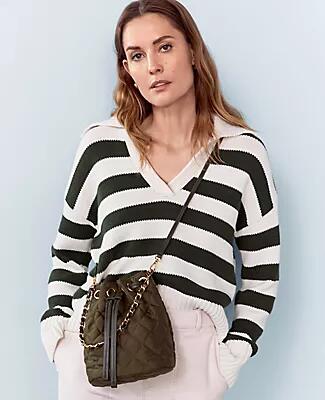 Ann Taylor Petite Weekend Stripe Collared Sweater Cover