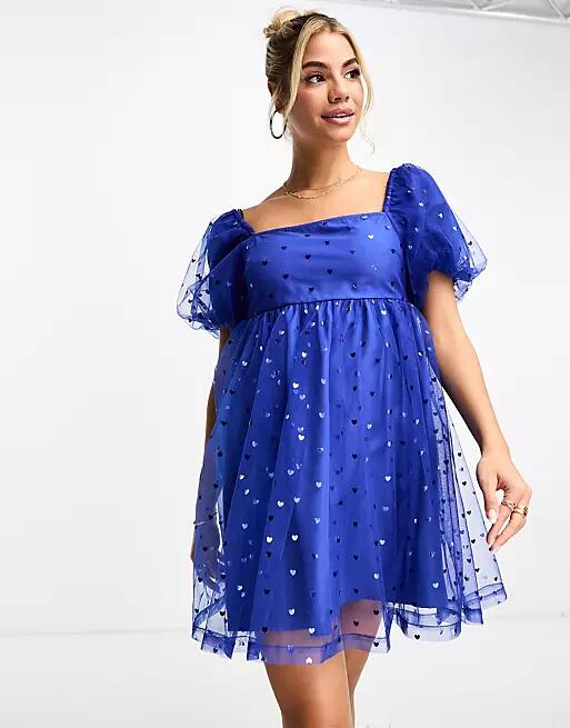 Monki heart embroidery puff sleeve mini dress in blue Cover