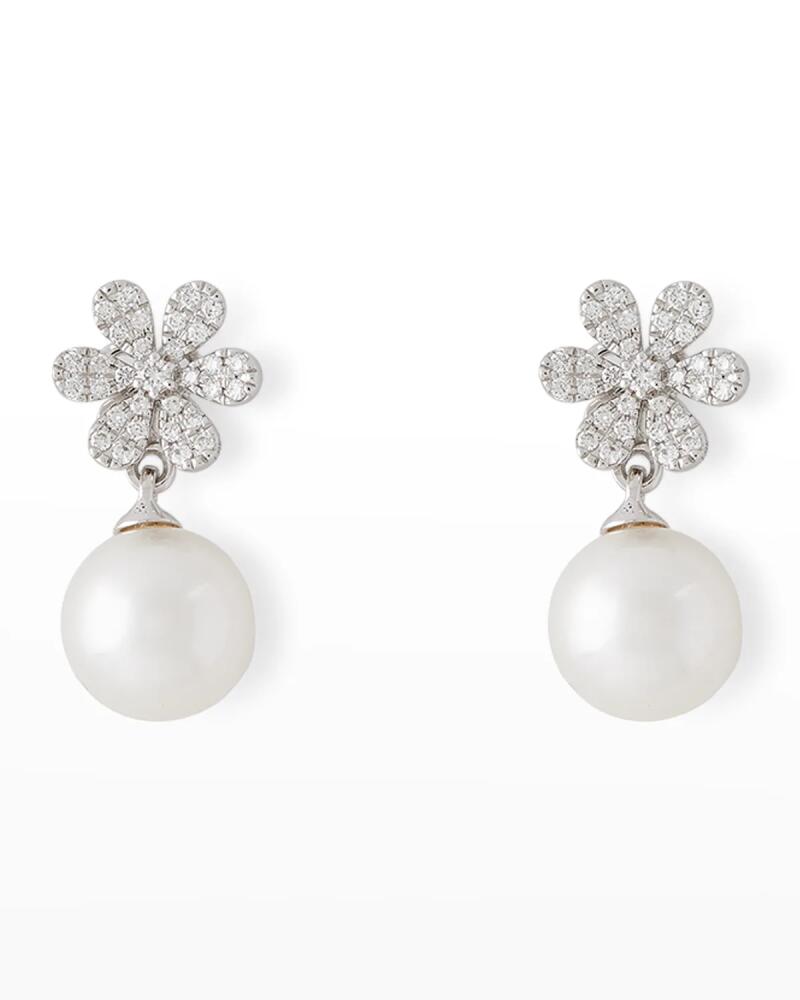 Pearls By Shari 18K White Gold Diamond Flower and 8.5mm Akoya Pearl Drop Earrings Cover