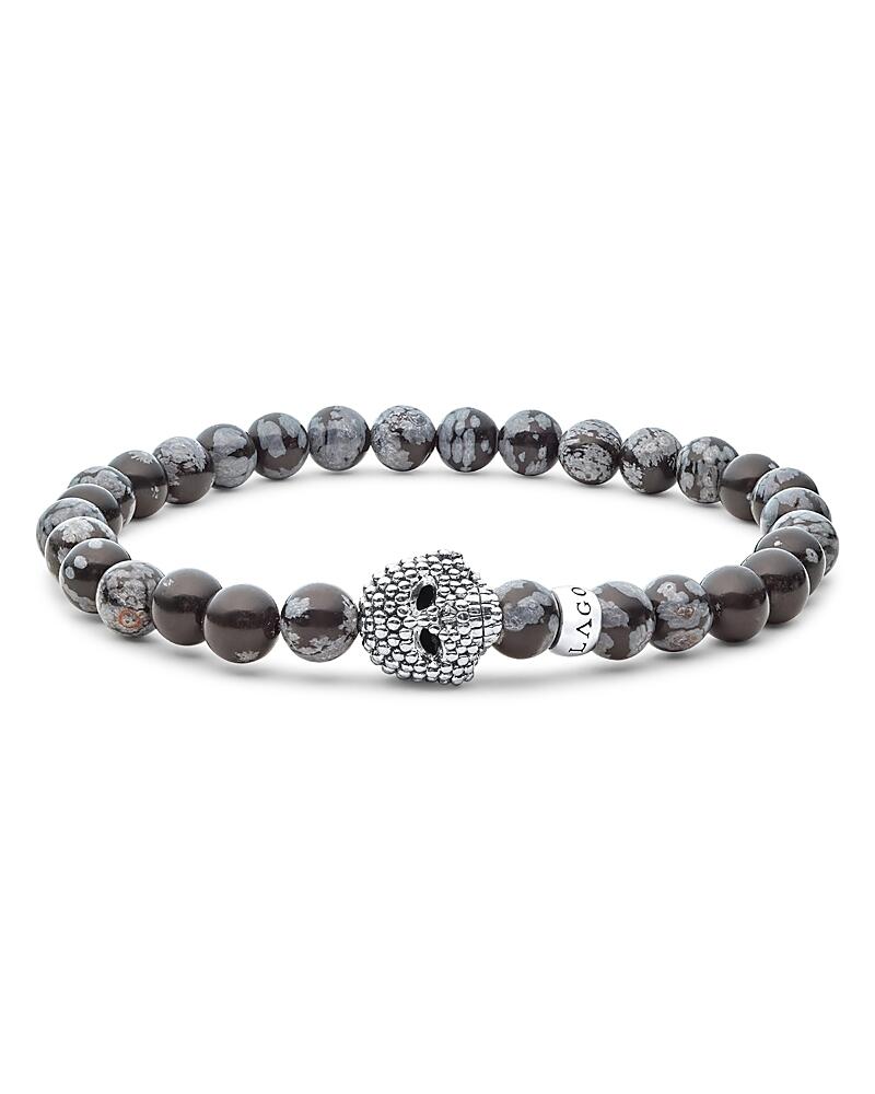 Lagos Men's Sterling Silver Anthem Snowflake Obsidian Bead Skull Stretch Bracelet - Exclusive Cover