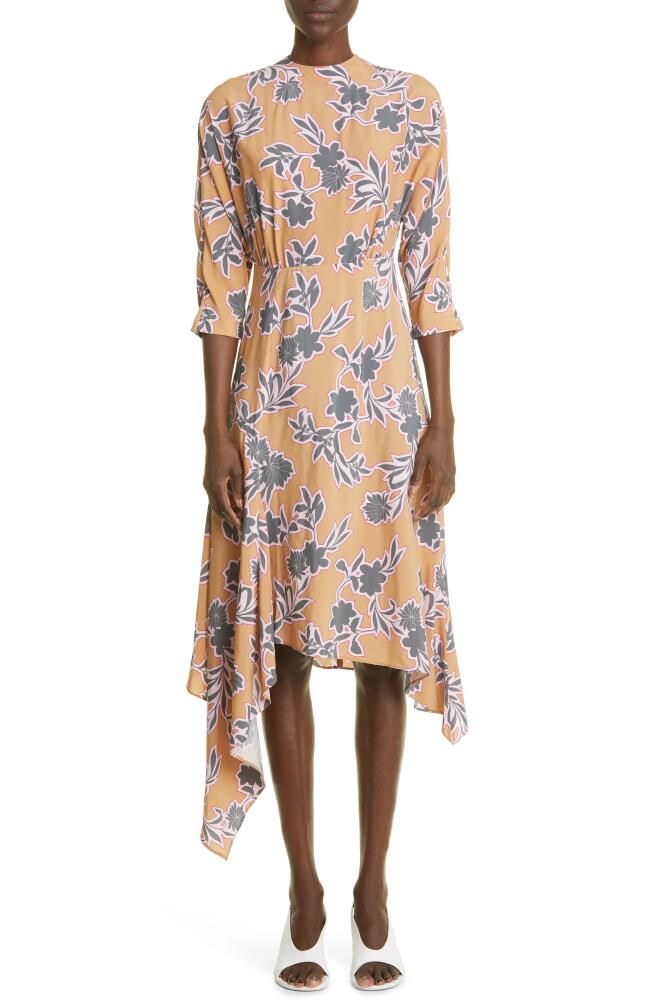 St. John Collection Floral Print Handkerchief Hem Silk Blend Midi Dress in Camel Multi Cover