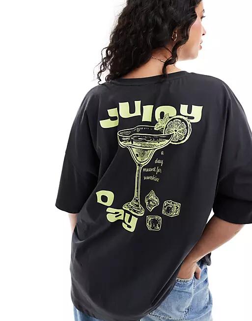 ONLY Curve juicy cocktail back graphic oversized tee in wash black Cover