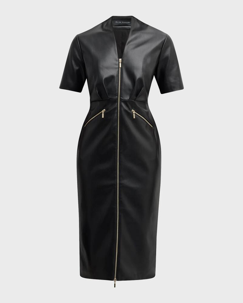 Elie Tahari The Adair Pleated Faux Leather Midi Dress Cover