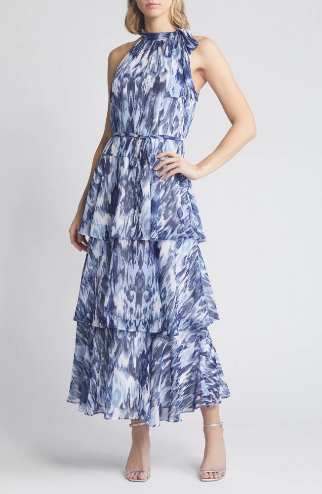 Julia Jordan Tiered Tie Neck Maxi Dress in Blue Multi Cover