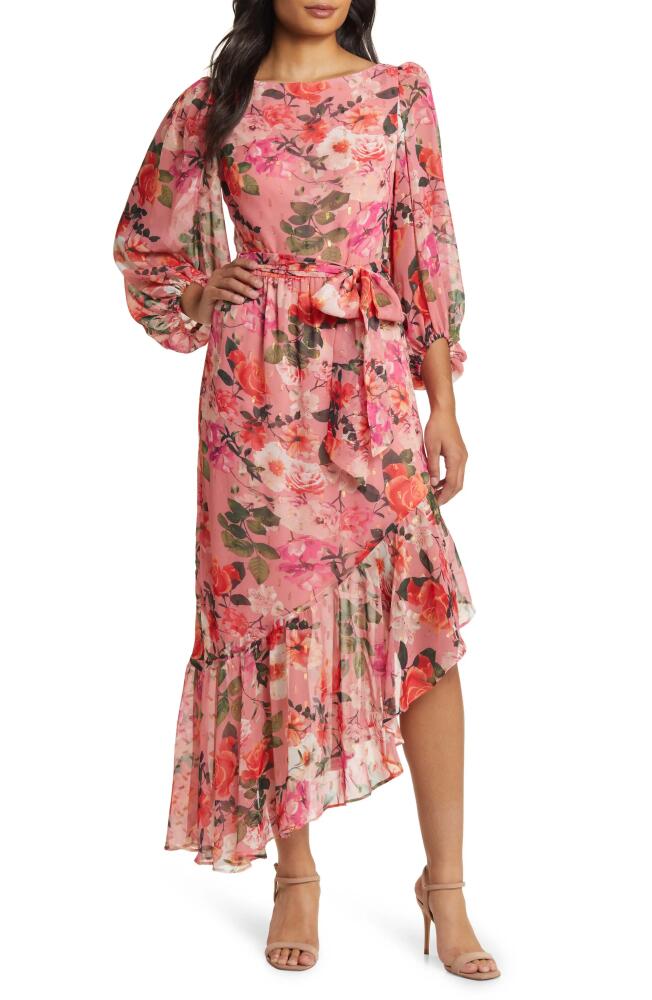 Eliza J Floral Balloon Sleeve Asymmetric Maxi Dress in Rose Cover