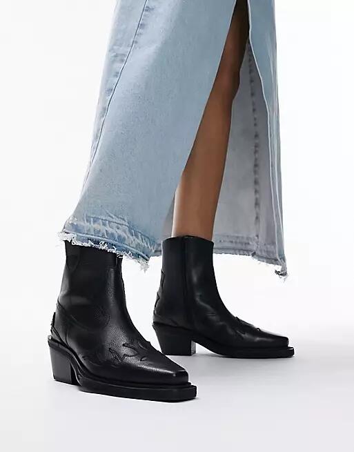 Topshop Wide Fit Lena leather western ankle boot in black Cover