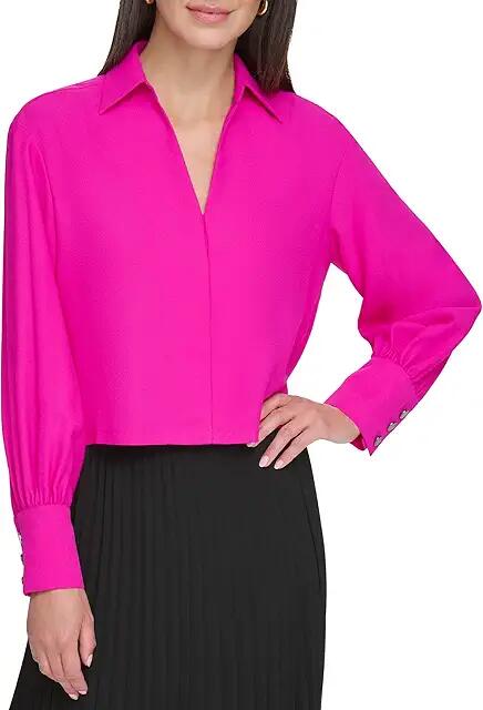 DKNY Long Sleeve Collard V-Neck Satin Blouse (Electric Fuchsia) Women's Clothing Cover