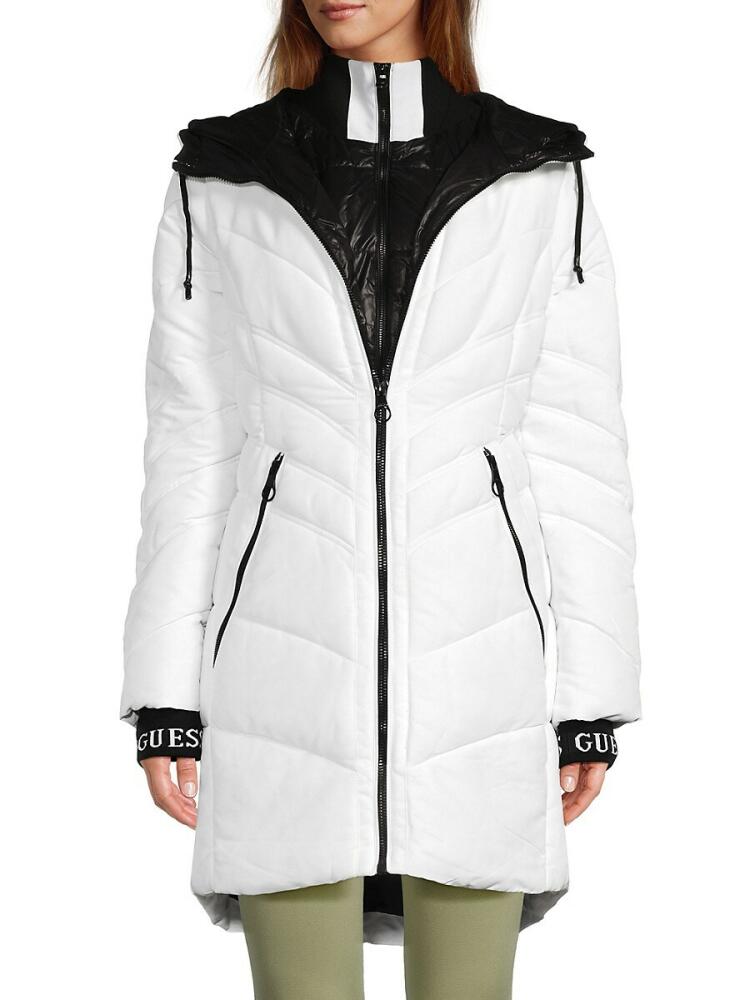 Guess Women's Longline Hooded Puffer Bib Jacket - White Cover