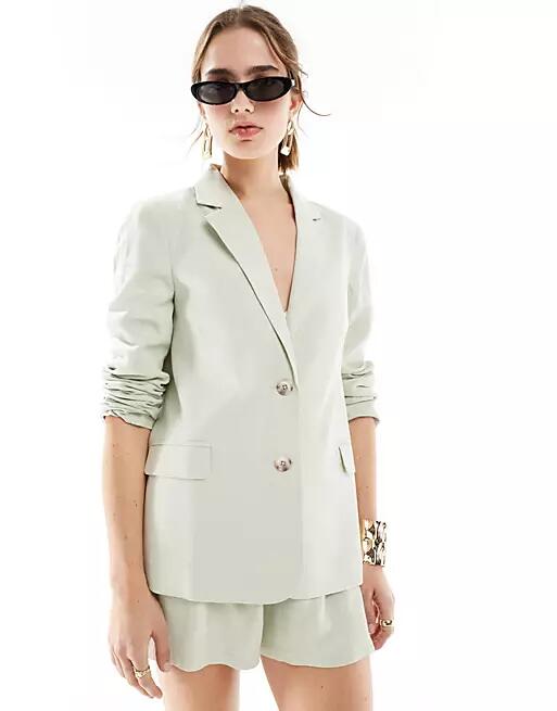 Miss Selfridge linen mix relaxed fit blazer in sage - part of a set-Green Cover