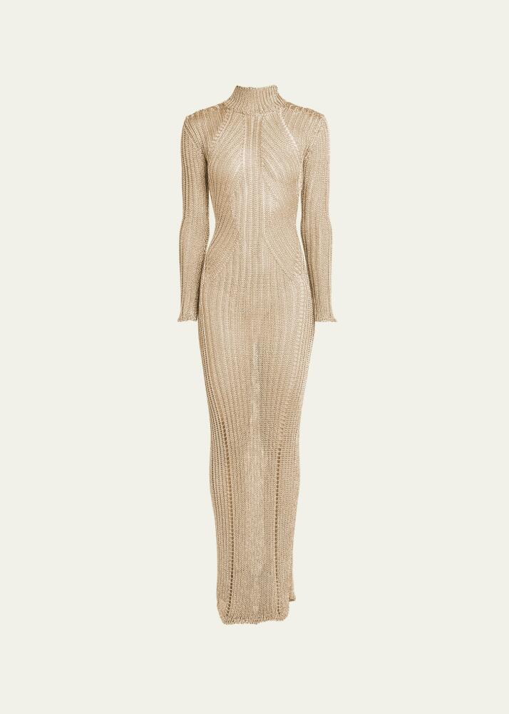 TOM FORD Metallic Knit Turtleneck Long-Sleeve Open-Back Maxi Gown Cover