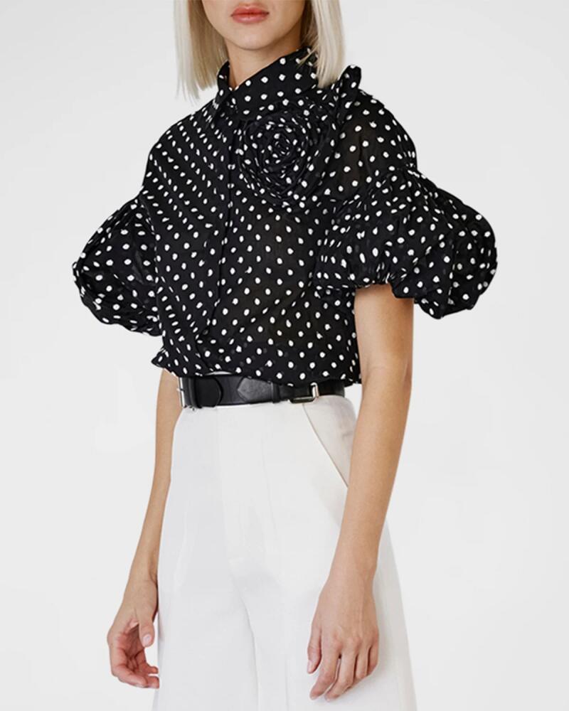 Dice Kayek Polka-Dot Flower Puff-Sleeve Collared Blouse Cover