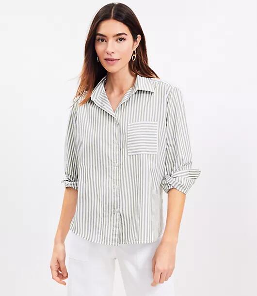 Loft Petite Stripe Cotton Blend Relaxed Pocket Shirt Cover