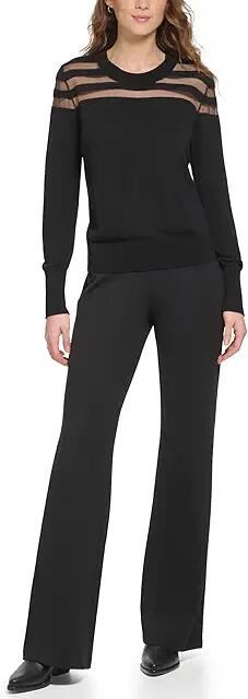 DKNY Long Sleeve Crew Neck Stripe Mesh Yoke Sweater (Black) Women's Clothing Cover