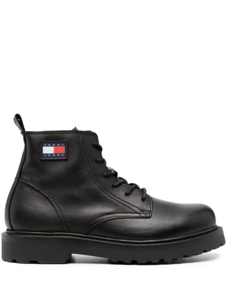 Tommy Jeans logo-patch lace-up leather boots - Black Cover