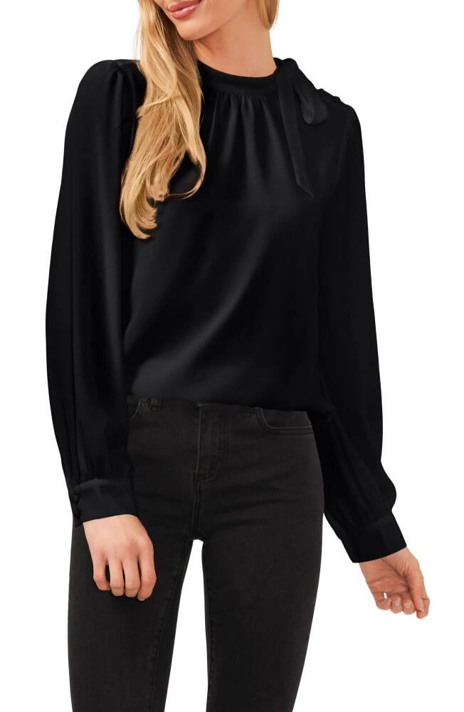 CeCe Button Detail Tie Neck Blouse in Rich Black Cover