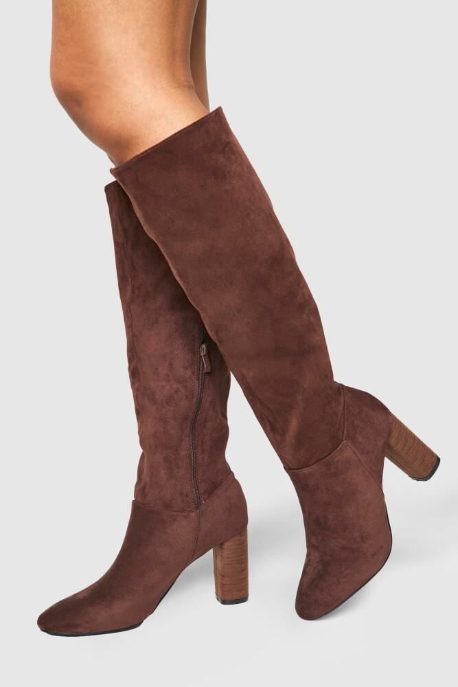 boohoo Womens Block Wooden Heel Faux Suede Knee High Boots - Brown Cover