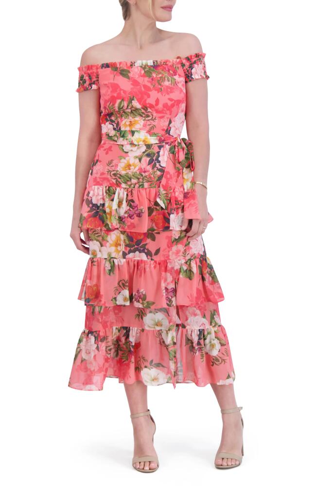 Eliza J Floral Off the Shoulder Tiered Midi Dress in Coral Cover