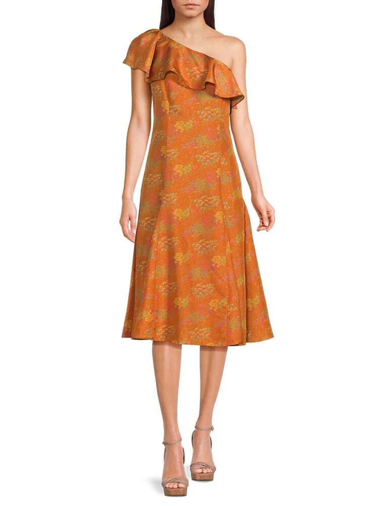 Rebecca Taylor Women's Isabelle One Shoulder Silk Midi Dress - Orange Cover