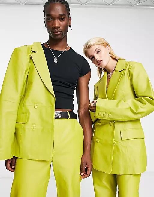 Reclaimed Vintage Limited Edition unisex leather blazer in chartreuse - part of a set-Green Cover