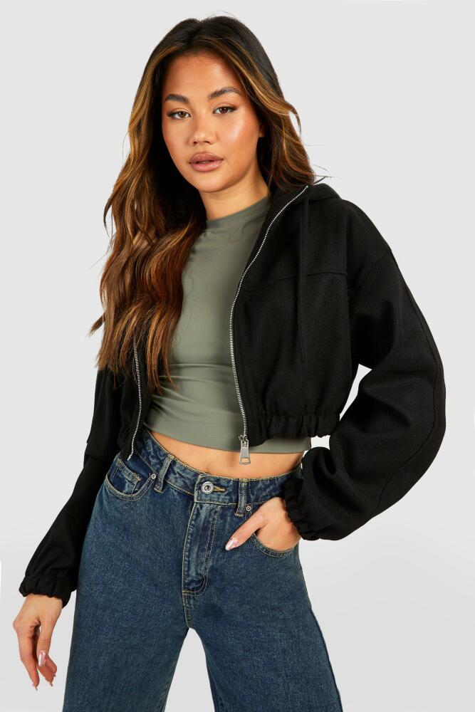 boohoo Womens Cropped Hooded Wool Look Bomber Jacket - Black Cover