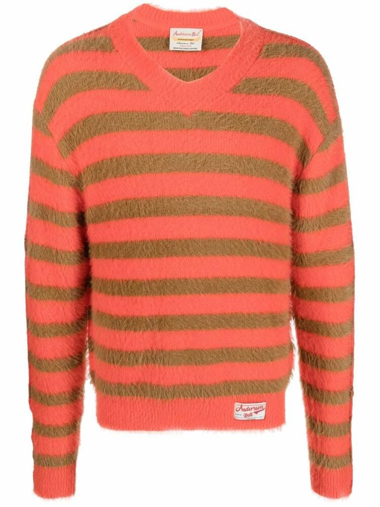 Andersson Bell logo-patch striped V-neck jumper - Orange Cover