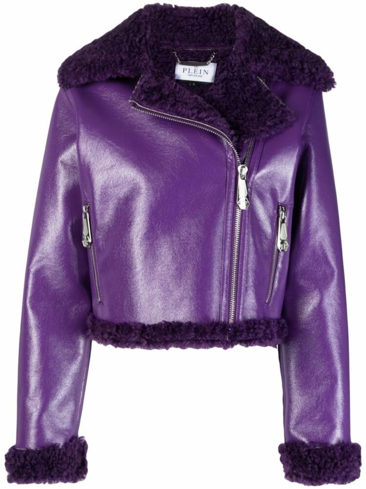 Philipp Plein faux shearling-trim biker jacket - Purple Cover