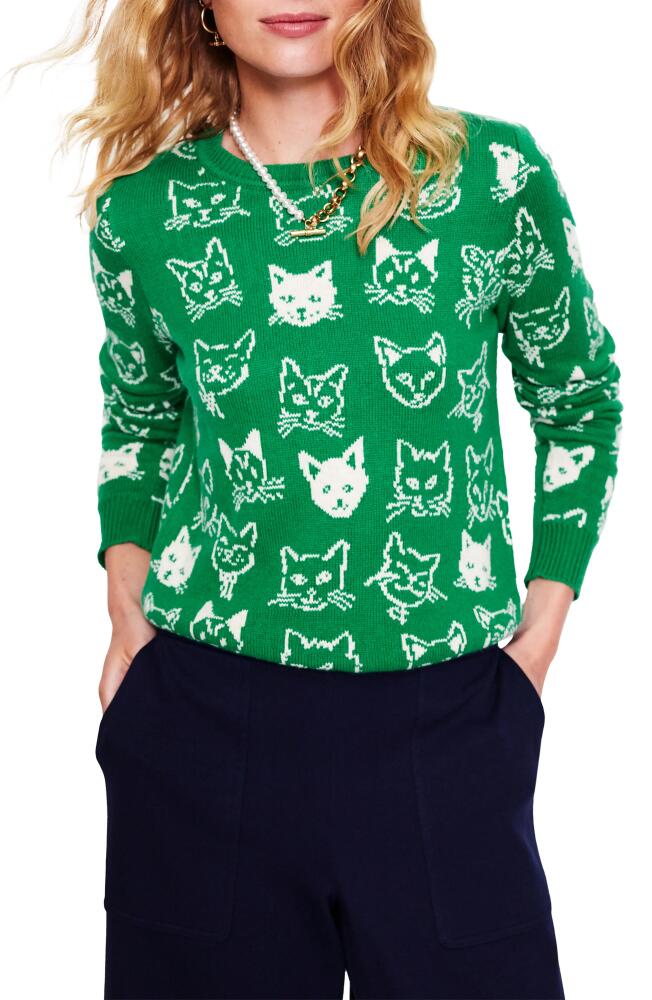 Boden Cats Jacquard Crewneck Sweater in Rich Emerald Green Cats Cover